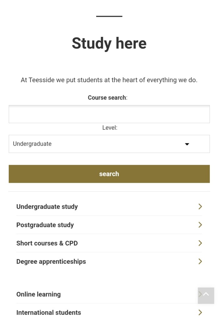 screenshot Teesside University website
