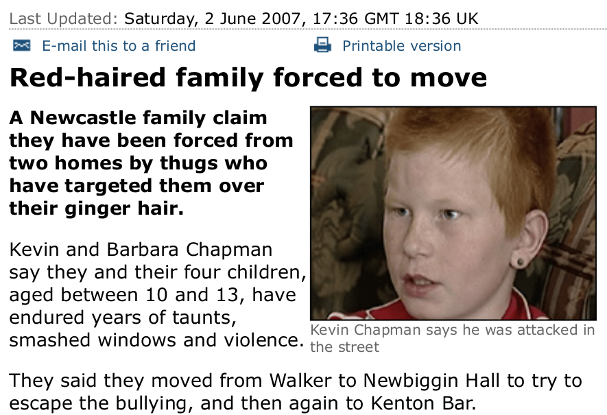 photo of article about people with red hair who became pestered
