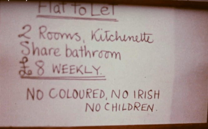 photo of sign in 1960s London about rooms to let, but not for Irish or colored people or people with children
