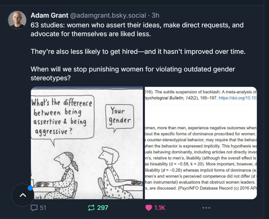 ‪According to Adam Grant 63 studies show that women who assert their ideas, make direct requests, and advocate for themselves are liked less. They're also less likely to get hired and it hasn't improved over time.